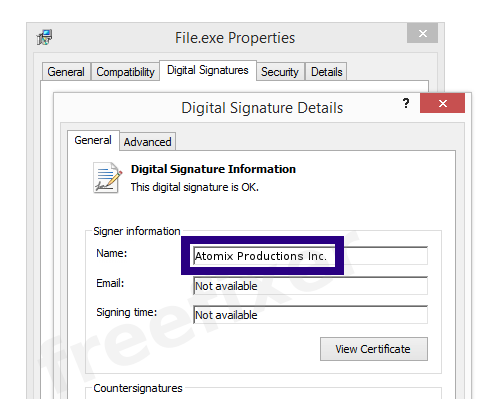 Screenshot of the Atomix Productions Inc. certificate